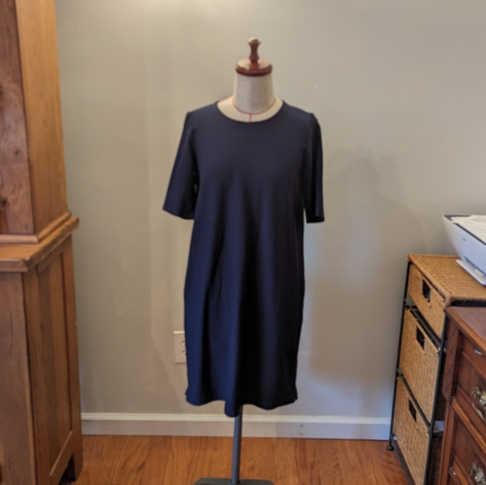 EILEEN FISHER Size XS Drk Blue Side Zip Short Sleeve Shift Dress Layering Tunic